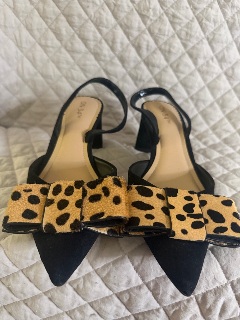 Black Pointed Slingback Heels with Leopard Bow Accent